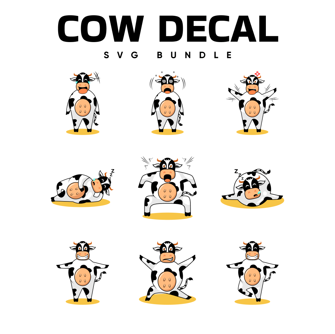 Cartoon cow is doing different poses.