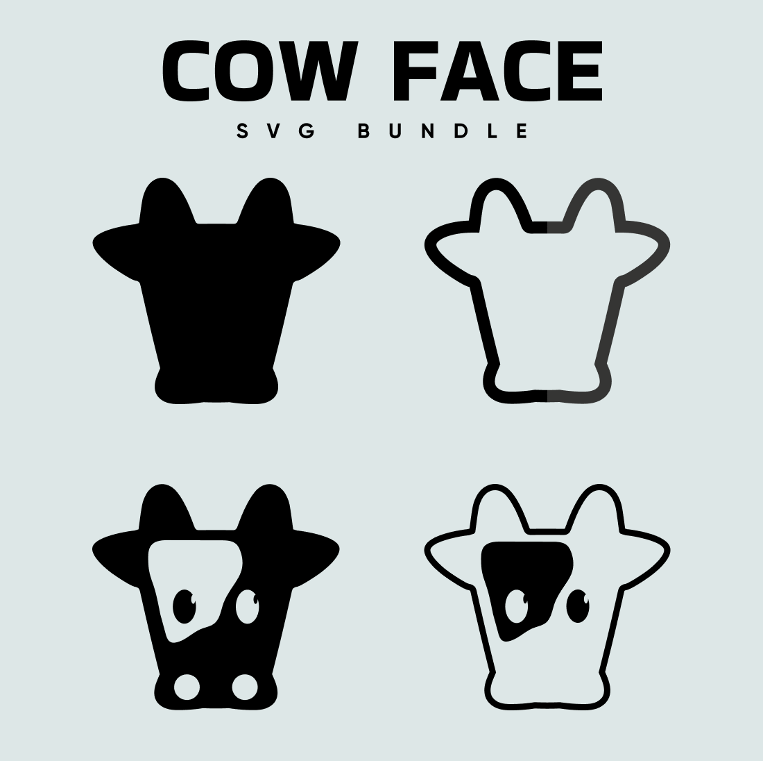 The cow face svg bundle is shown in black and white.