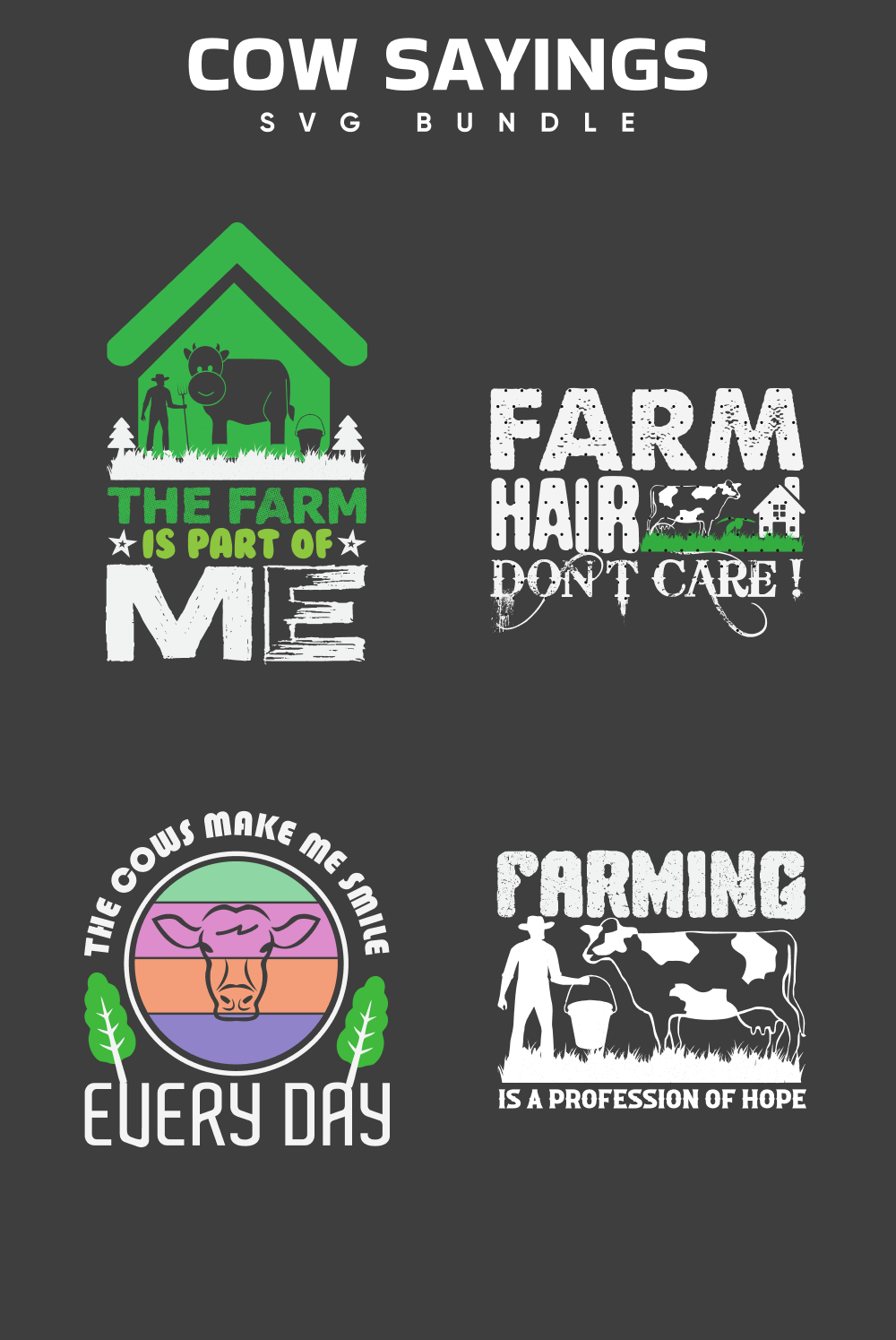 Bunch of farm related stickers on a black background.