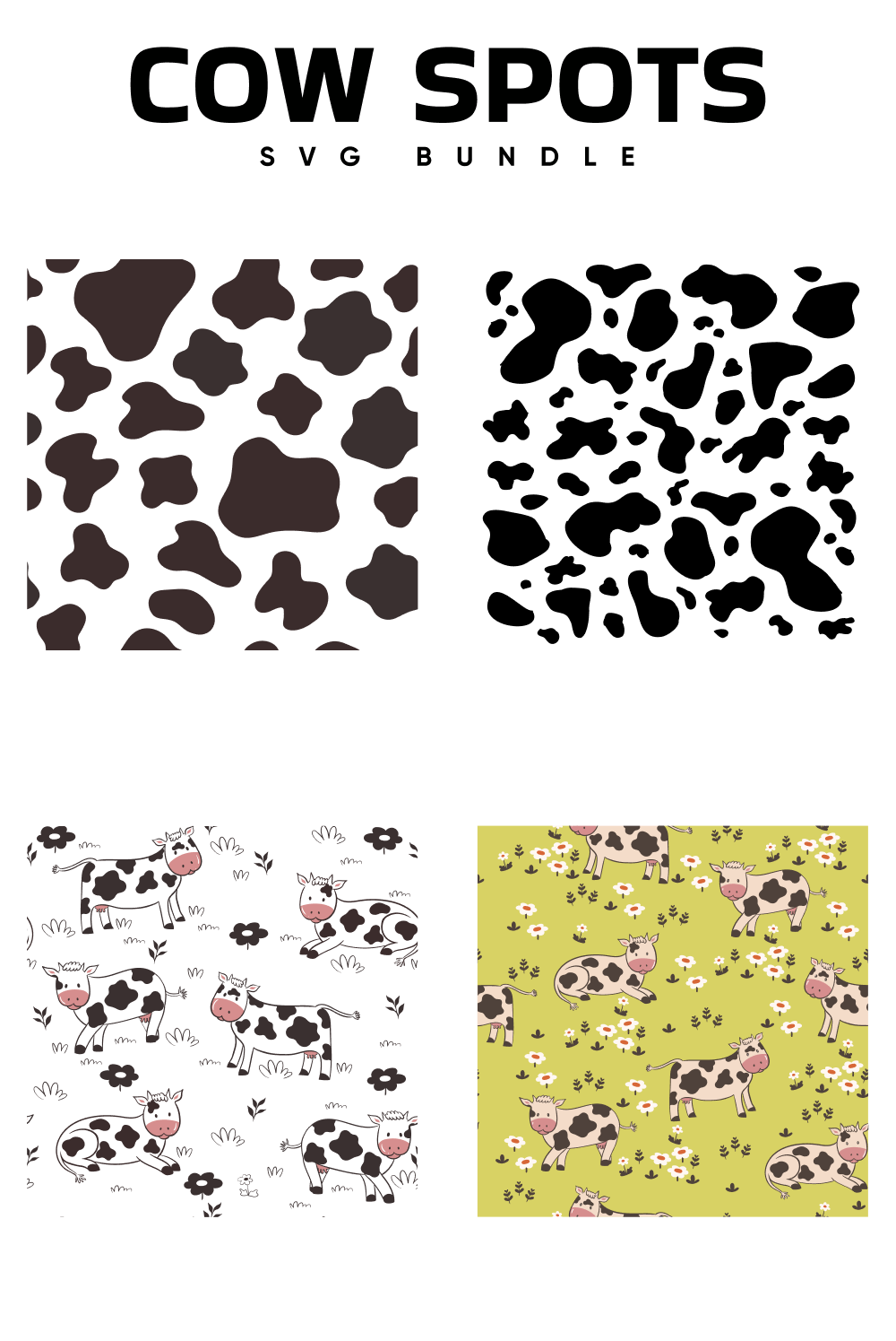 Image of color and black and white prints with cow spots.