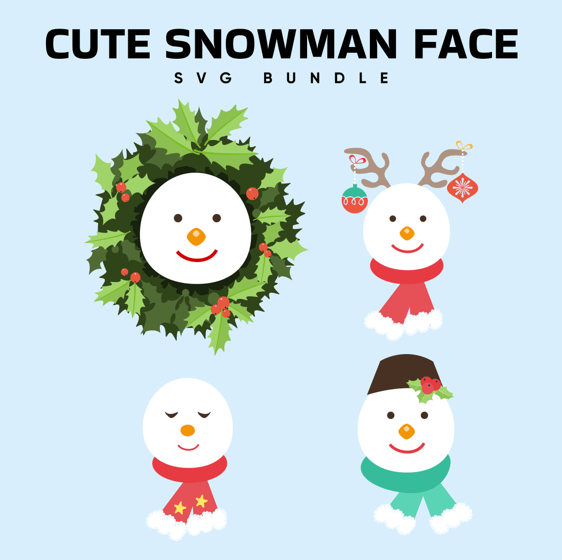 Images of snowmen's faces with a charming smile are decorated with Christmas things.