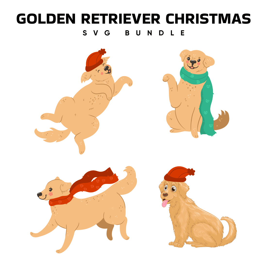 Image of a happy golden retriever in a Christmas outfit.
