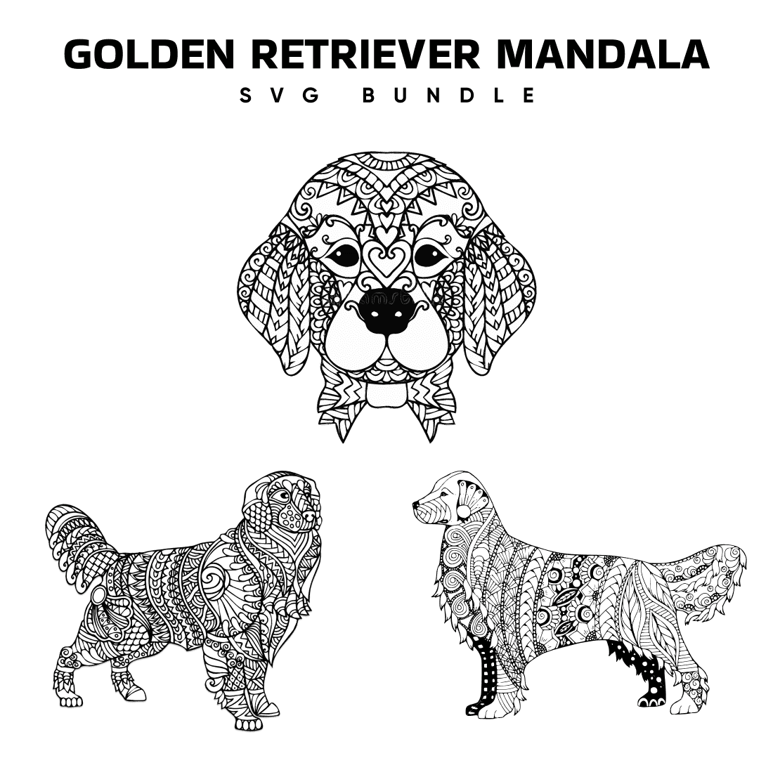 Black and white mandala image in the shape of a golden retriever.