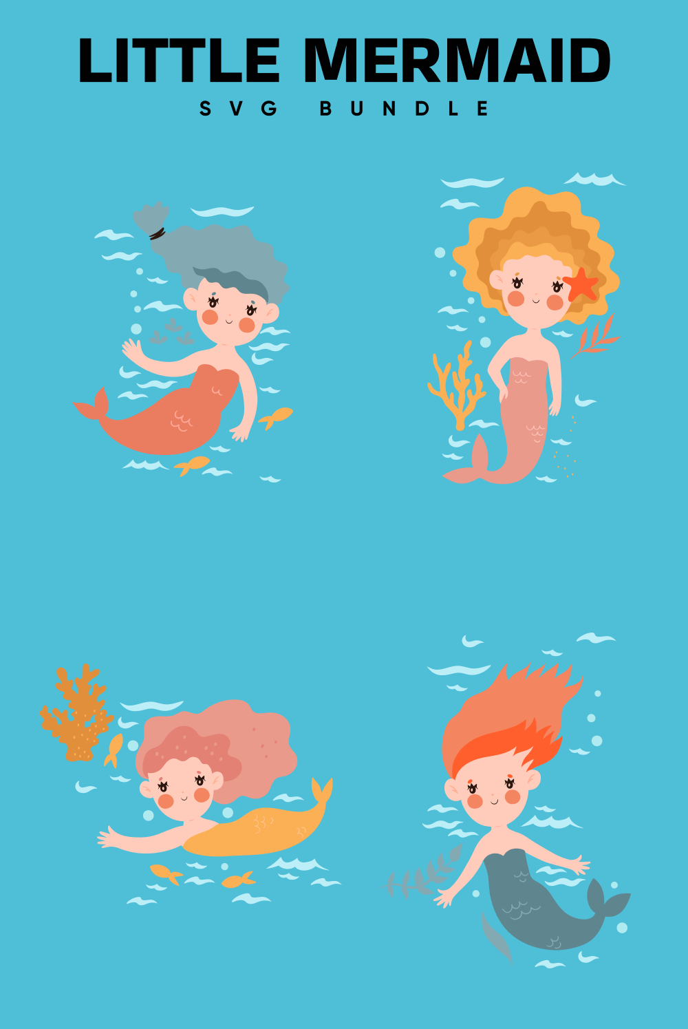 Cartoon mermaids swim with yellow seaweed.