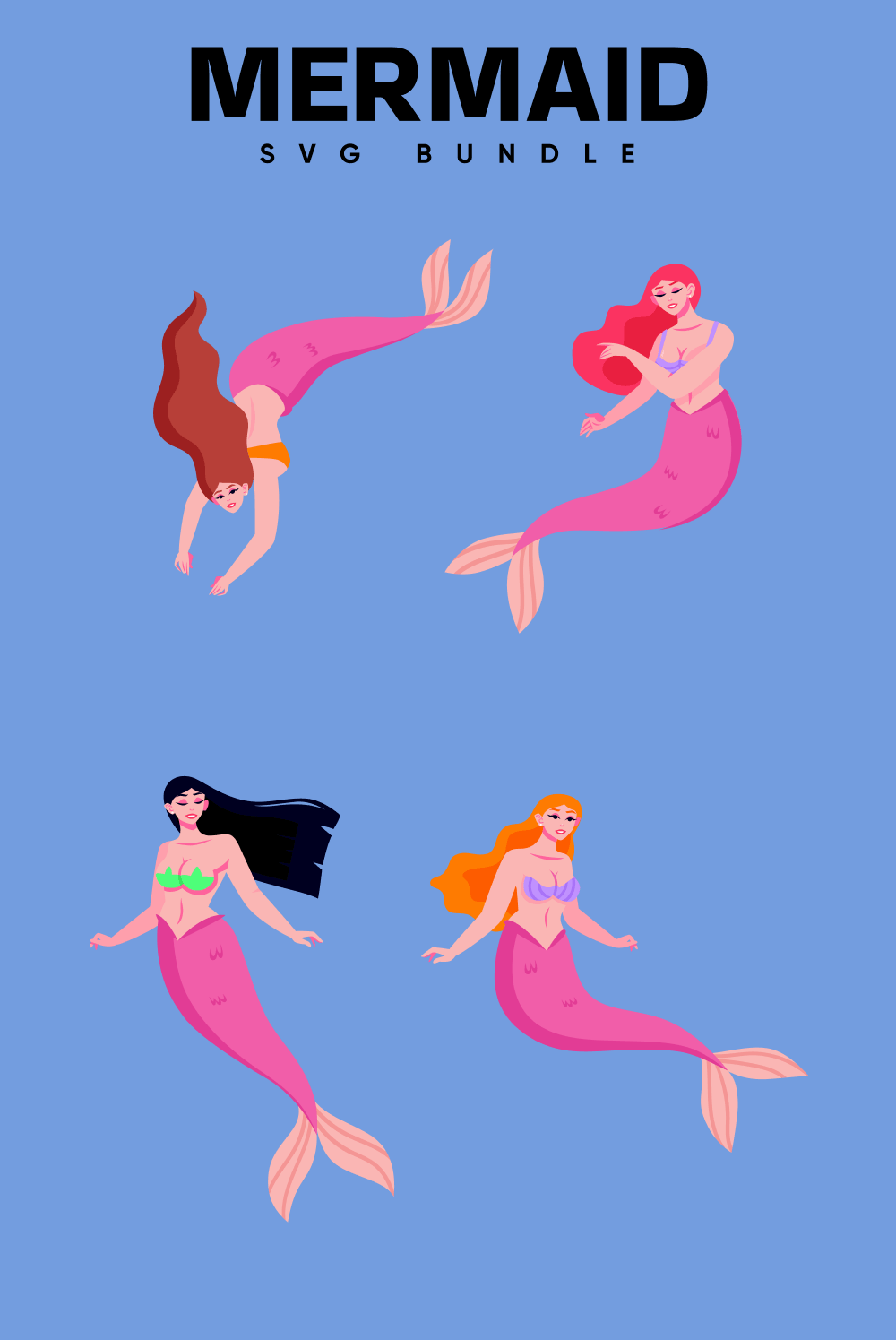 Mermaids with pink tails swim in the water.