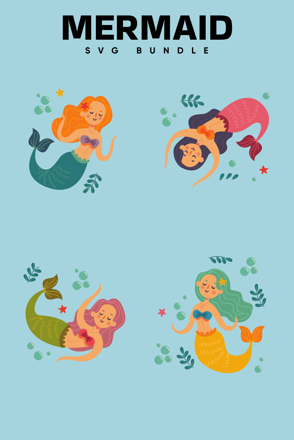 Red-haired, brunette, with green and pink hair mermaids with colored tails.
