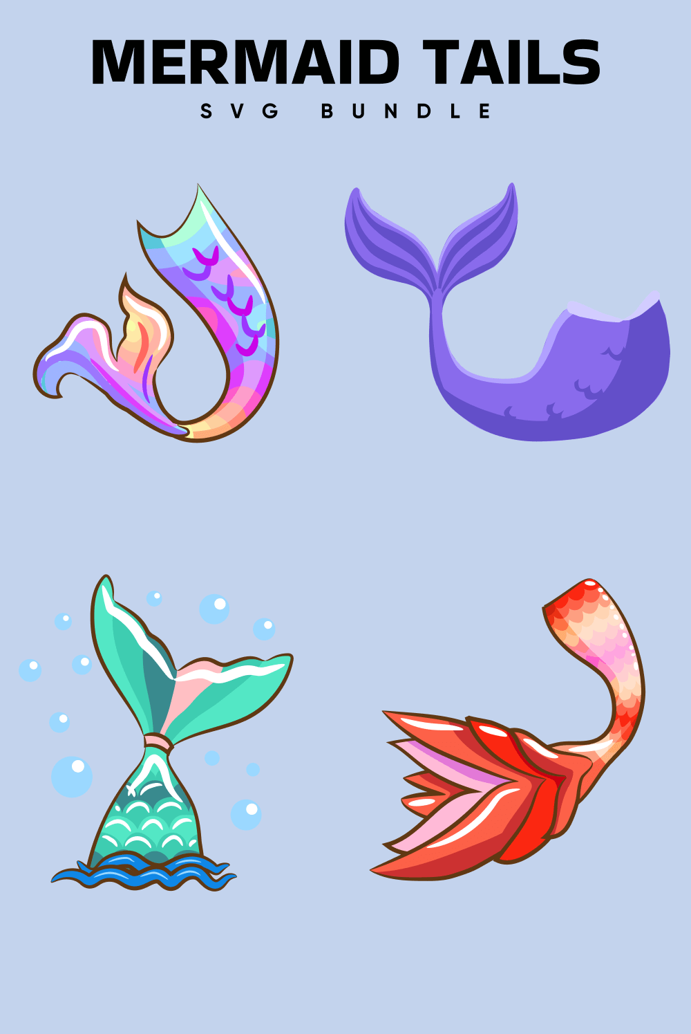 Purple, green, red and multicolored mermaid tails.