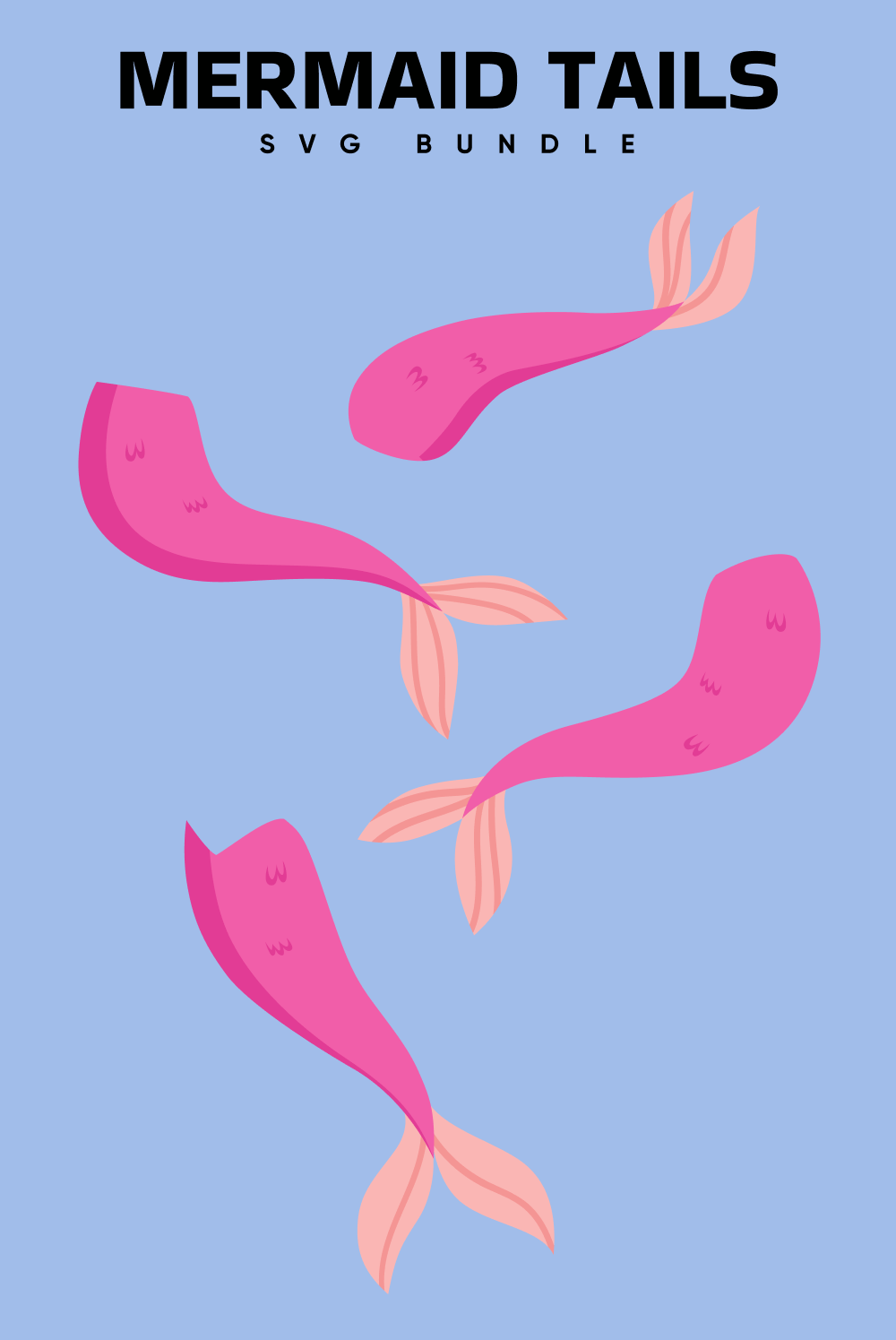 Four pink mermaid tails on a blue background.