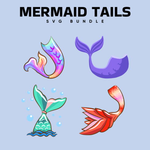 Four mermaid tails on a blue background.