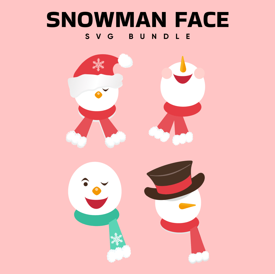 Image of faces of snowmen with Christmas scarves around their necks.