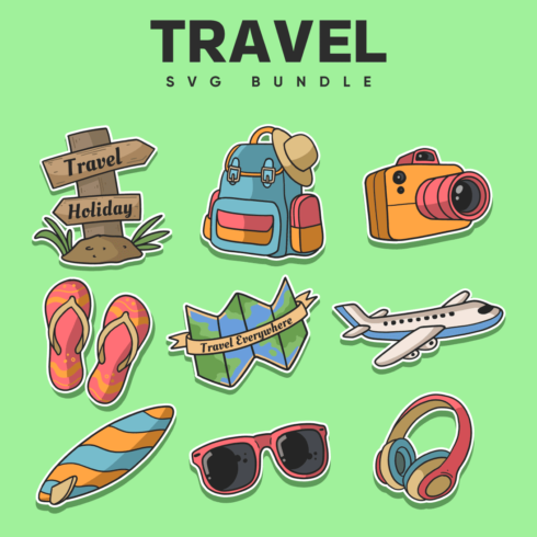 Travel accessories on light green background.