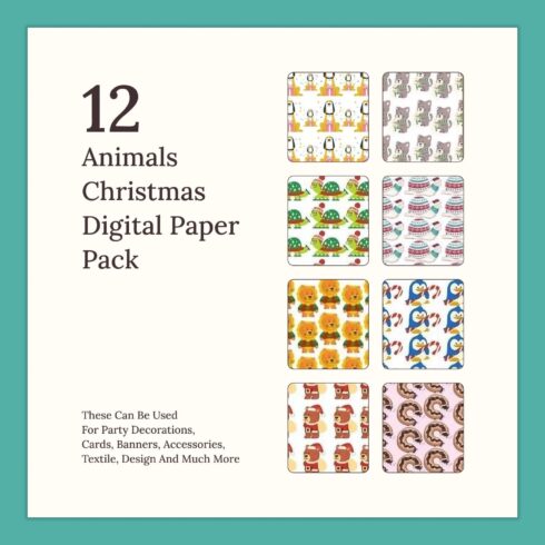 12 Animals Christmas Digital Paper Pack.