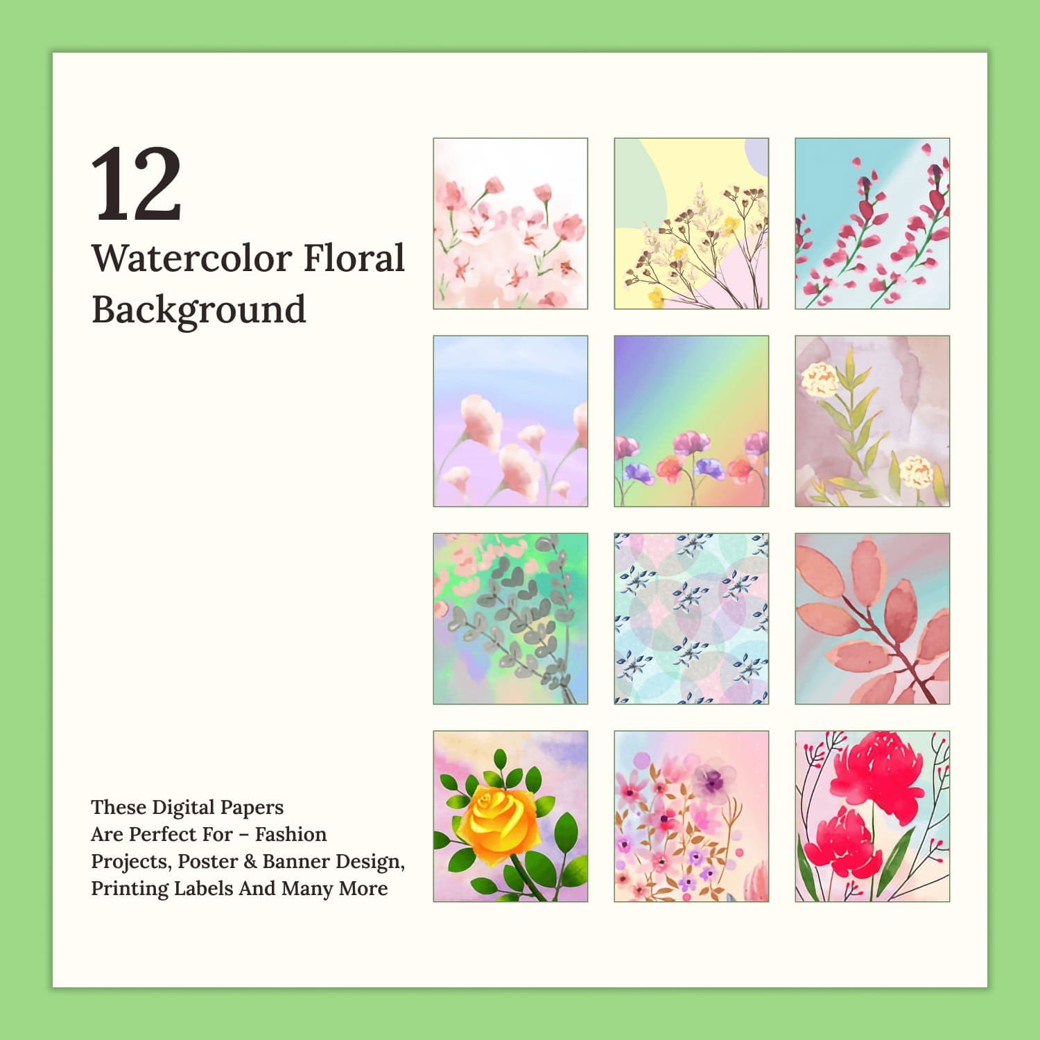 12 Pastel Watercolor Floral Background.