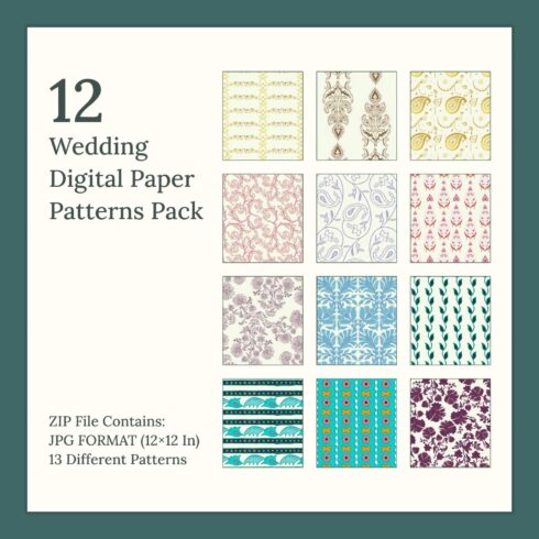 12 Wedding Digital Paper Patterns Pack in JPG Format.