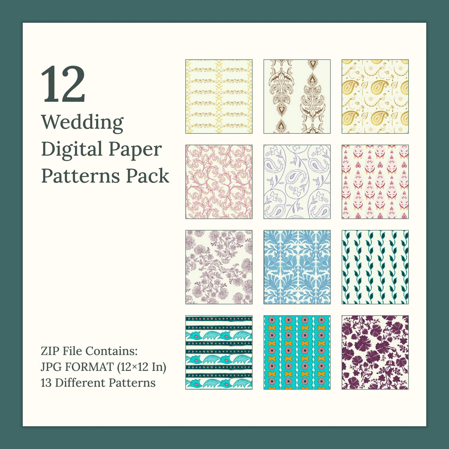12 Wedding Digital Paper Patterns Pack in JPG Format.