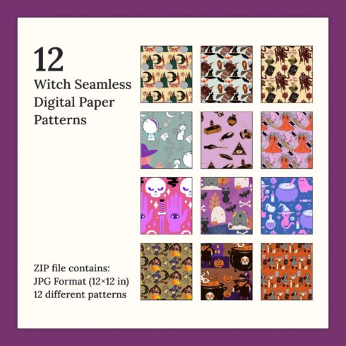 12 Witch Seamless Digital Paper Patterns on the white background.