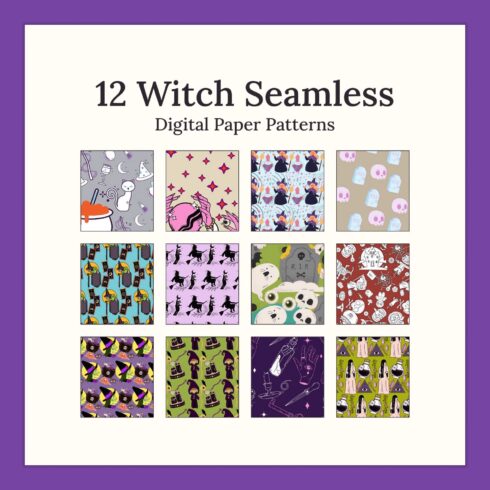 12 witches seamless on the white and violet backgrounds.
