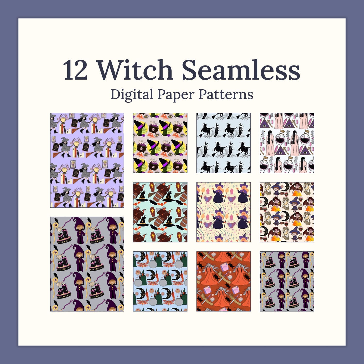 Witch cloaks, books about magic, magical brooms are depicted on 12 patterns.