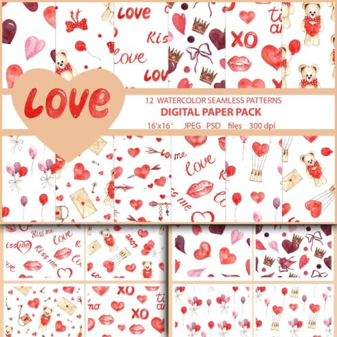 Watercolor seamless pattern about love, first image 1500x1500.