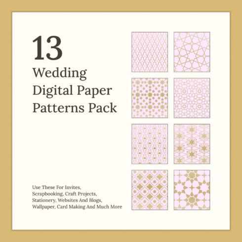 13 Wedding Digital Paper Patterns Pack on the White and Beige Backgrounds.