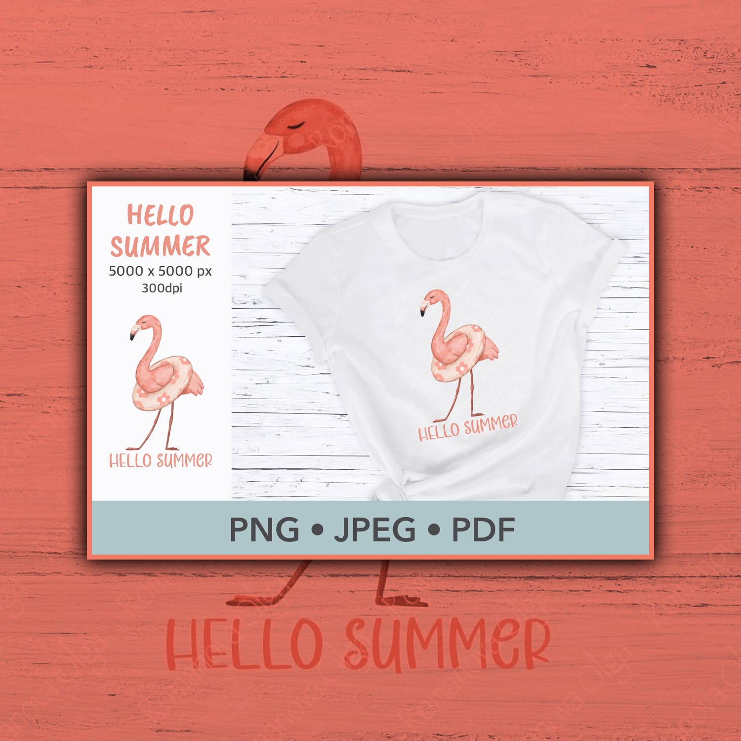 Flamingo summer sublimation design hello summer, first picture 1500x1500.