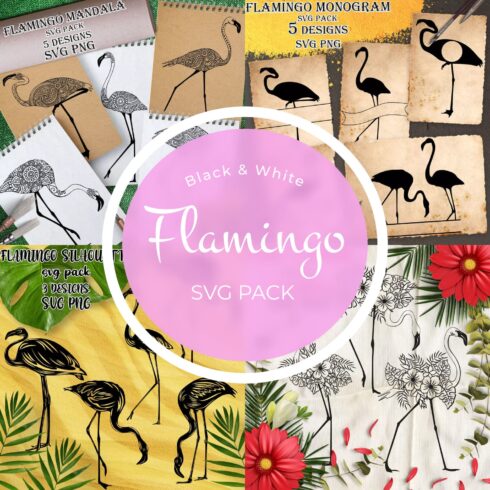 Black white flamingo SVG pack, first picture 1500x1500.