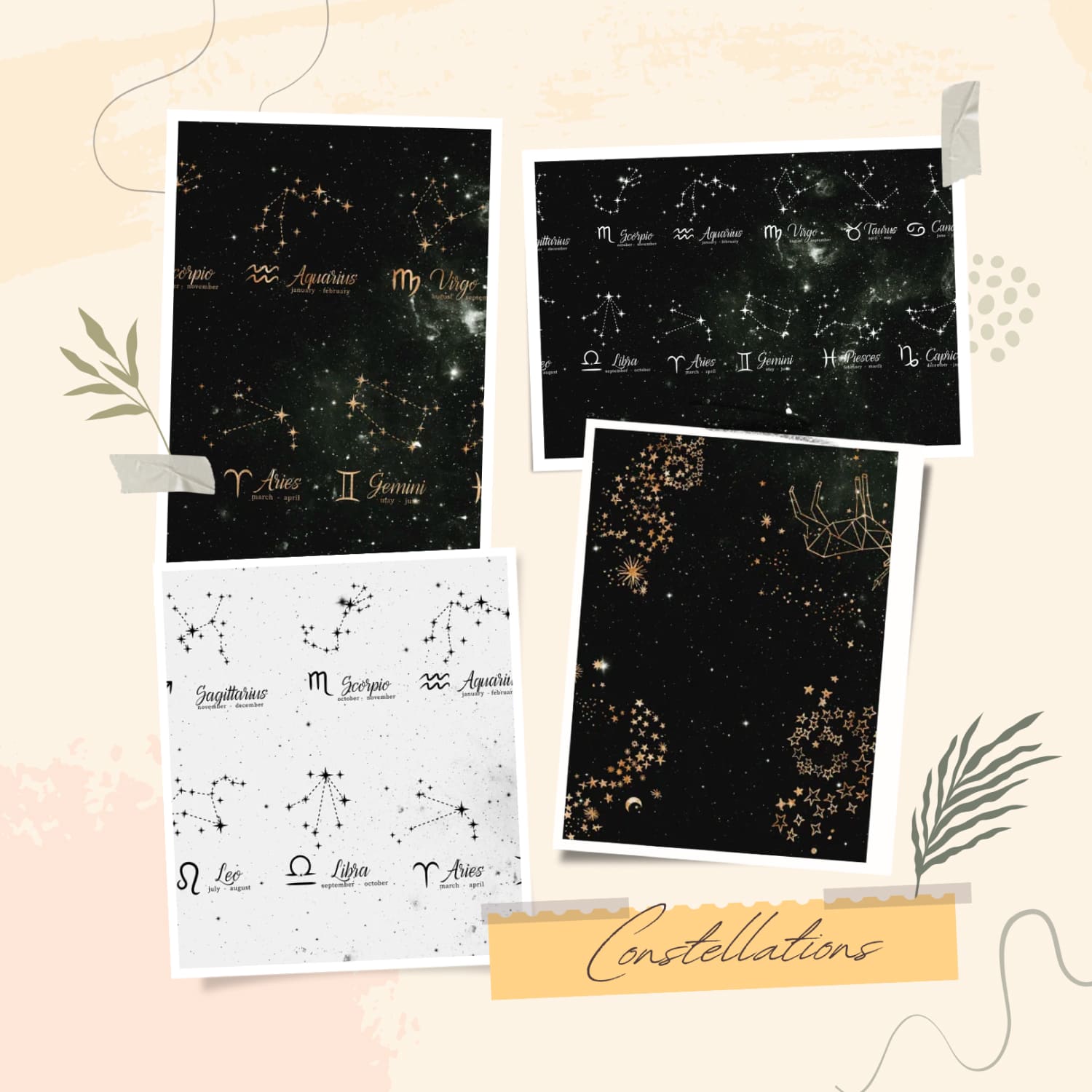 Three black and one white drawings of the constellations.