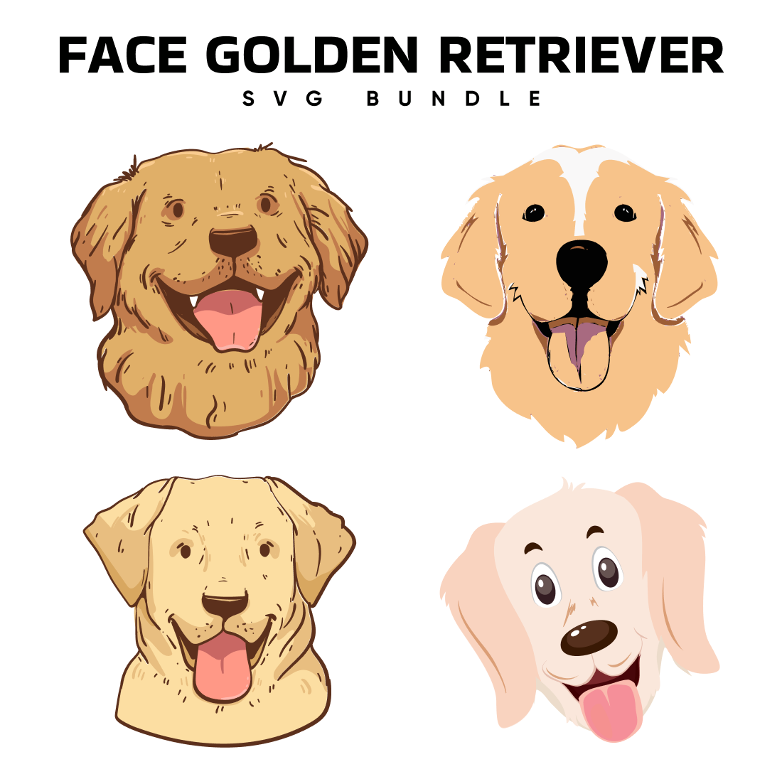 Set of four dog faces with the words face golden retriever svg bundle.