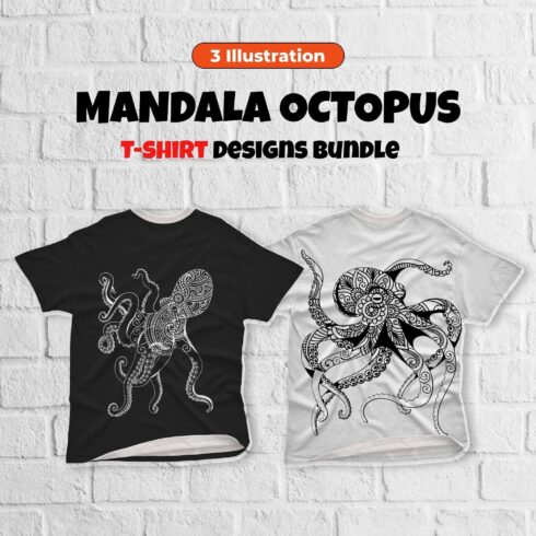 Two mandala octopus t-shirt designs in black and white.