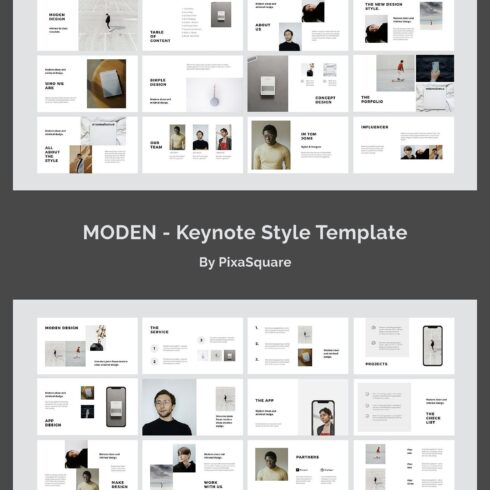 Two blocks of twelve slides of a keynote style template and its title.
