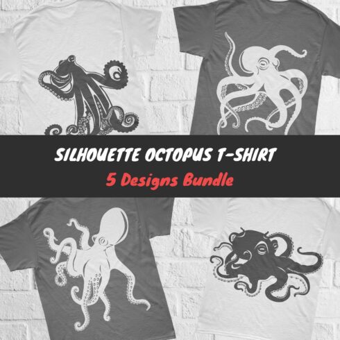 Print in the form of a gray silhouette of an octopus on a T-shirt.