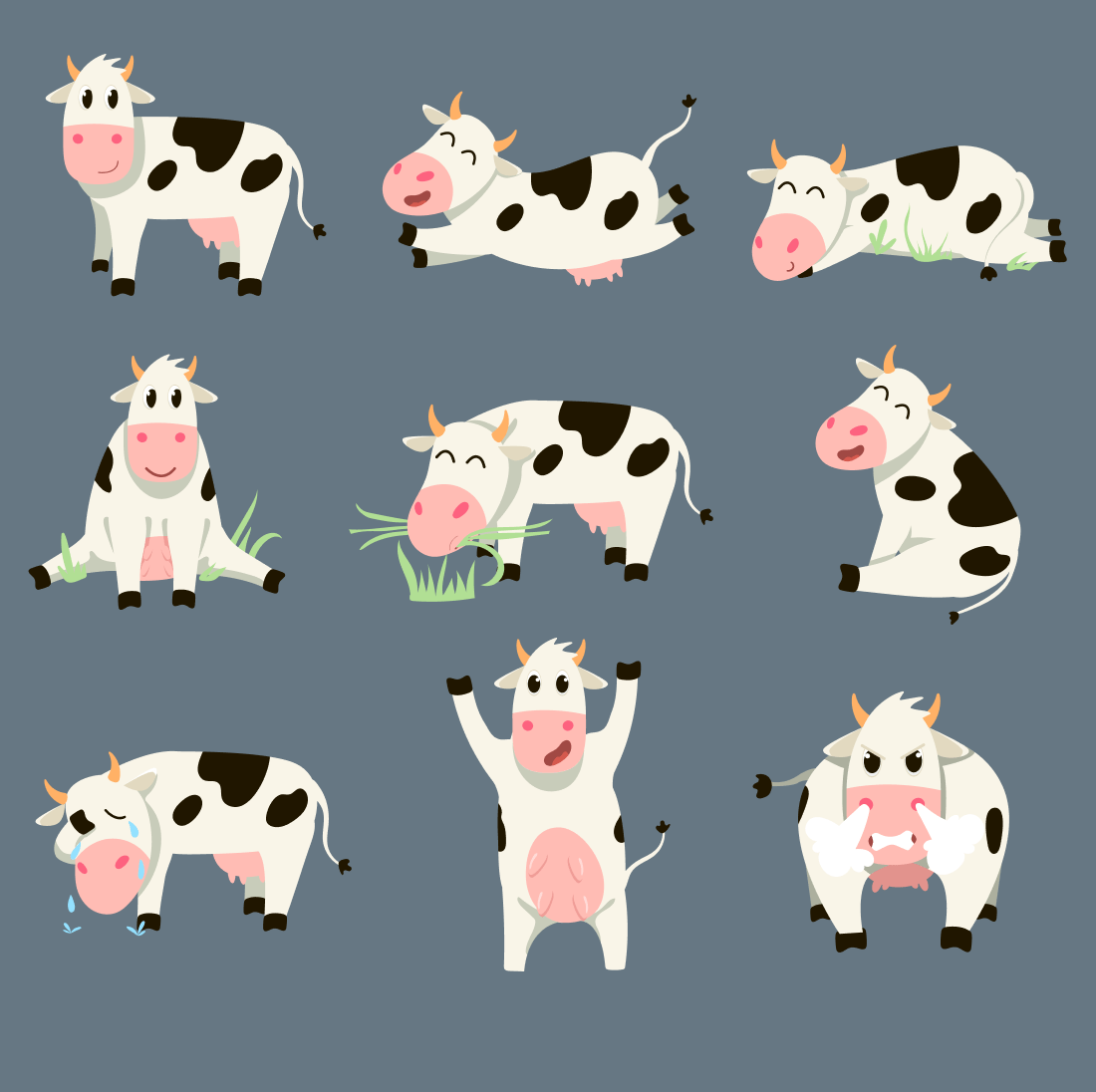 Set of cartoon cows with different poses.