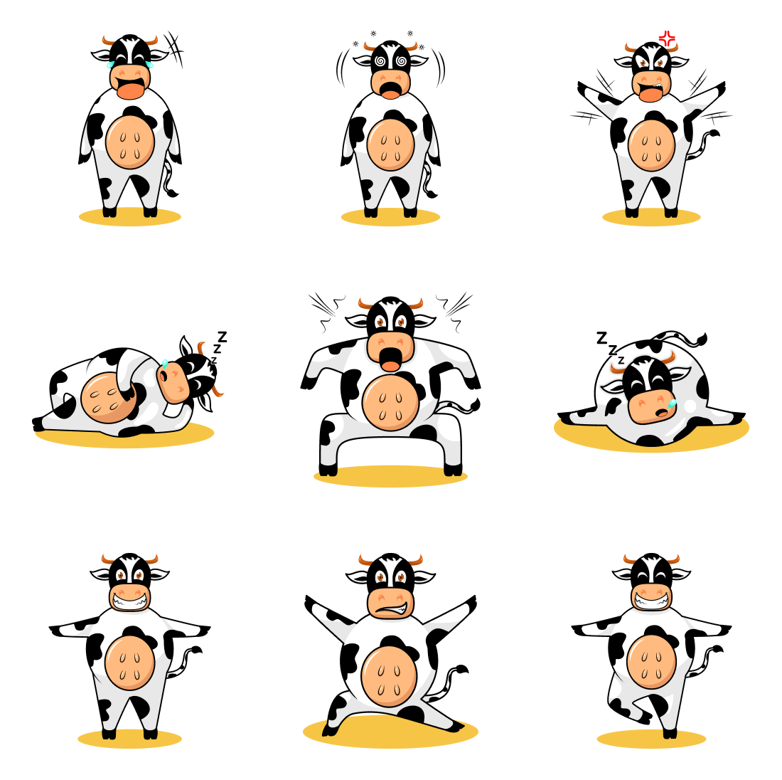 Set of cartoon cows with different expressions.