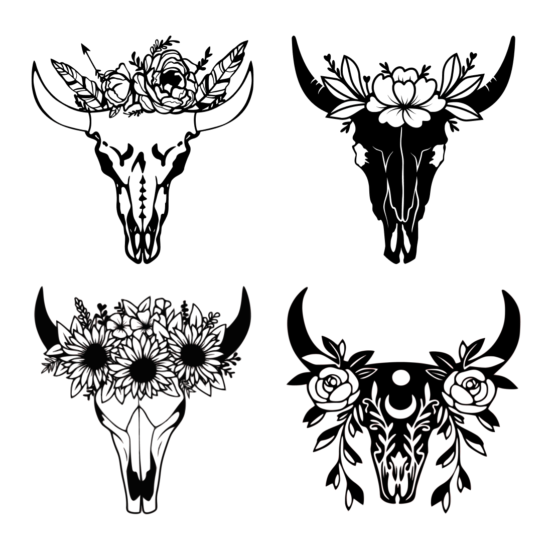 Cow skulls with huge horns are decorated with black and white flowers.