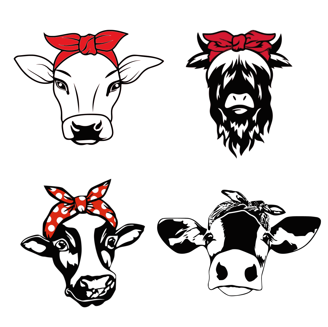 Set of four cow heads with bows on their heads.