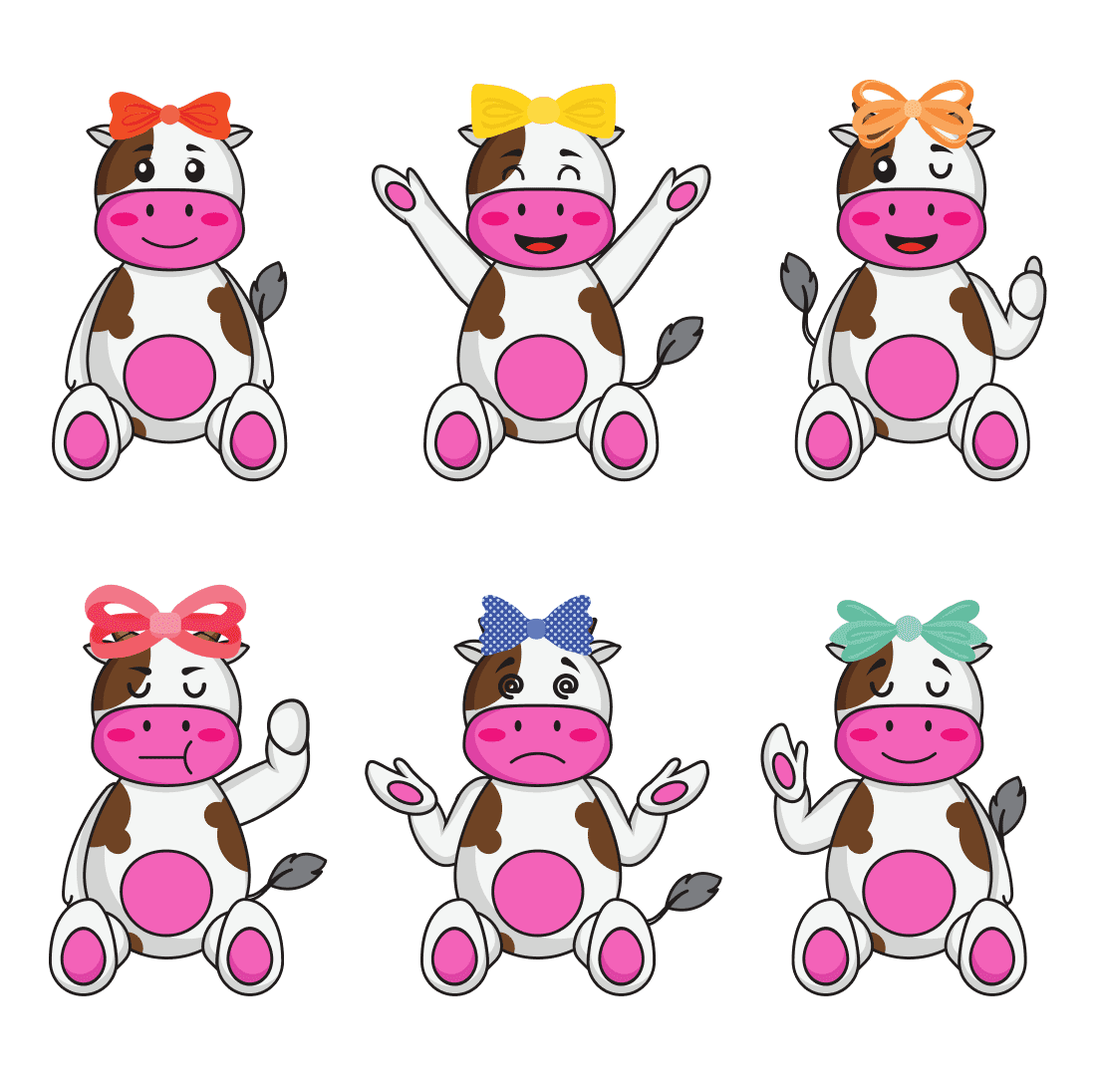 Set of six cartoon cows with different bows.