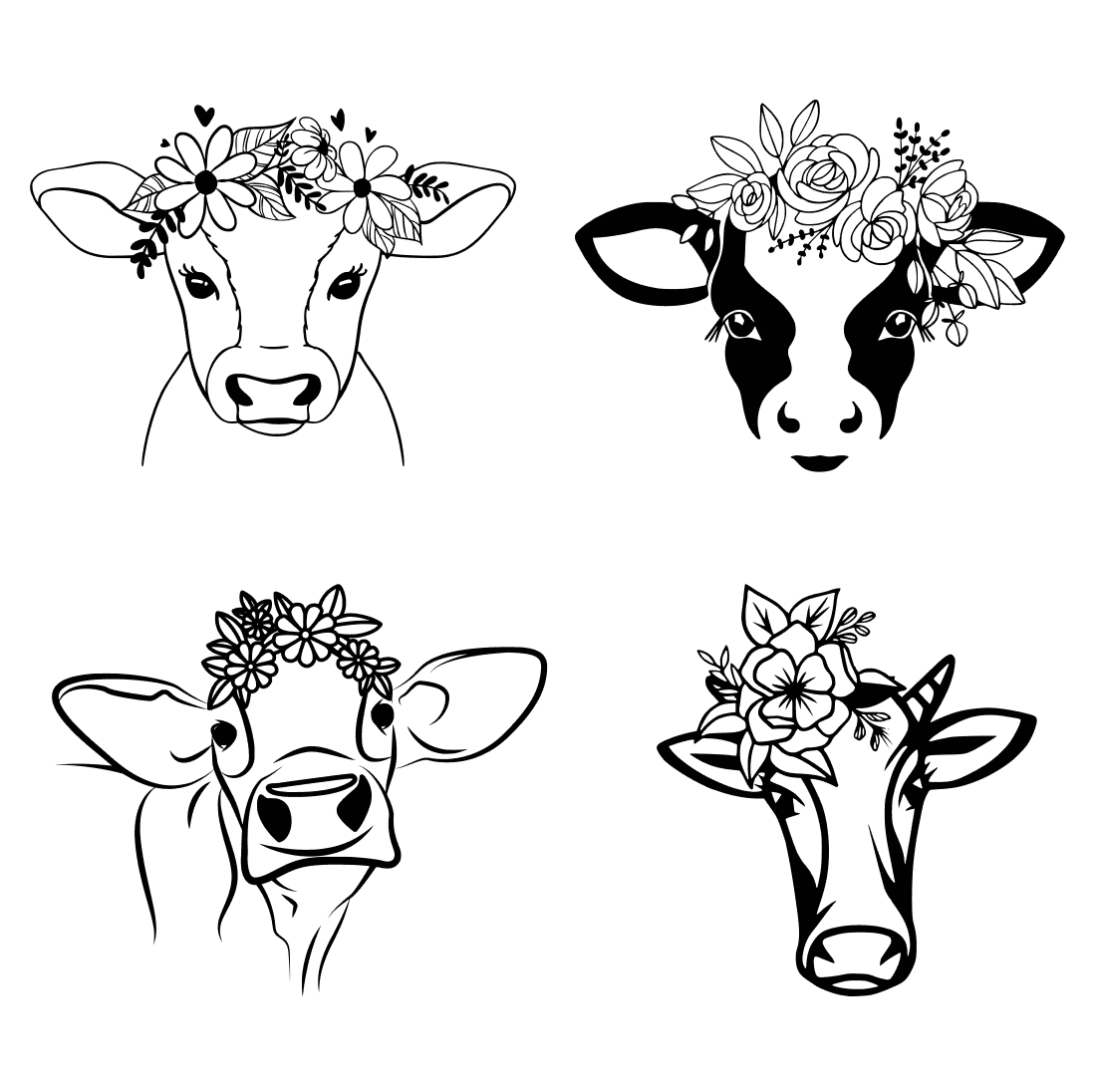 Four cows with flowers on their heads.