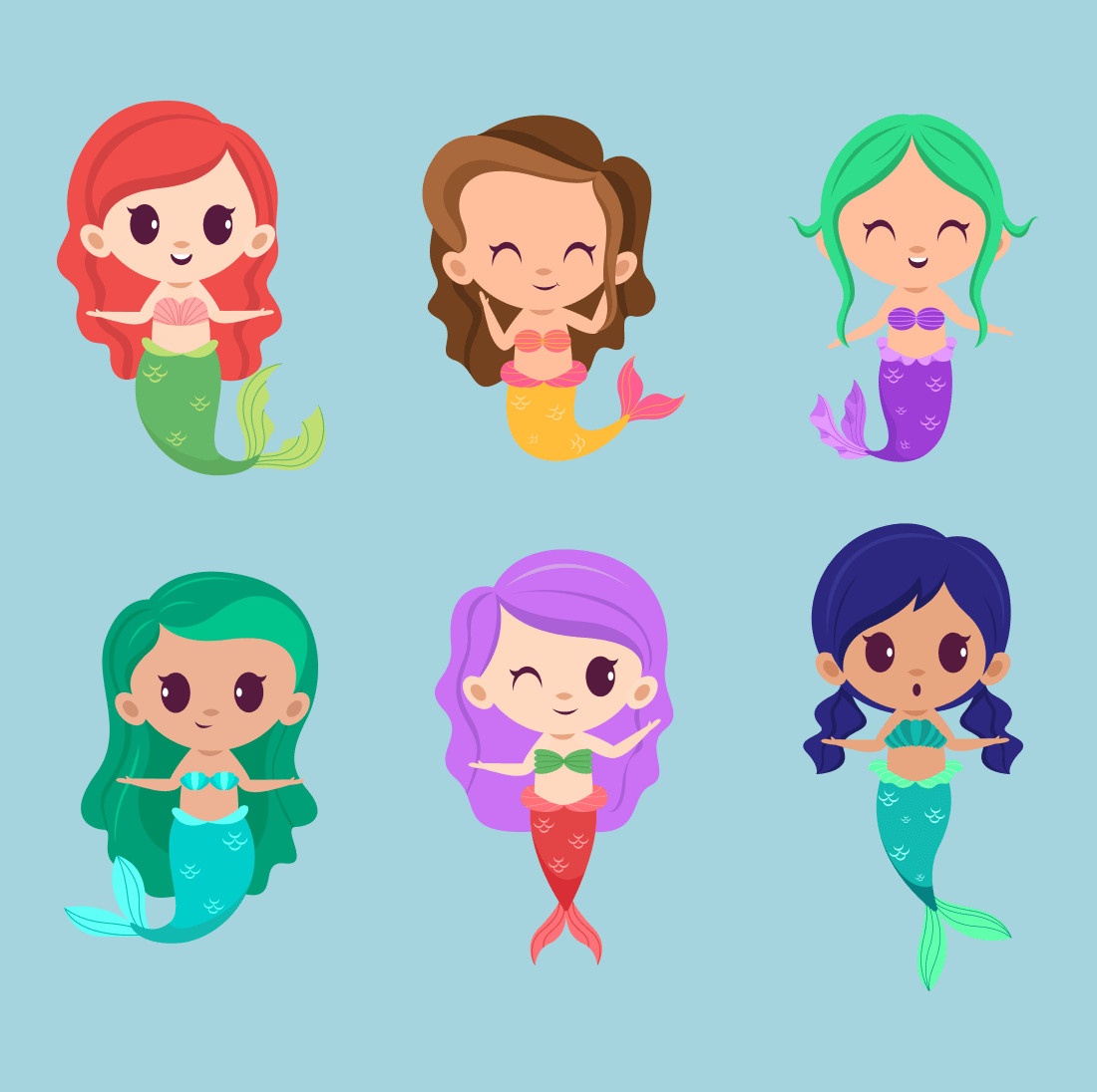 Cartoon mermaids with colorful long hair.