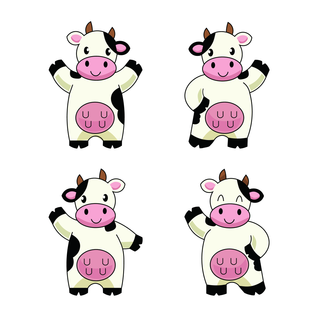 Cartoon cow with four different poses.
