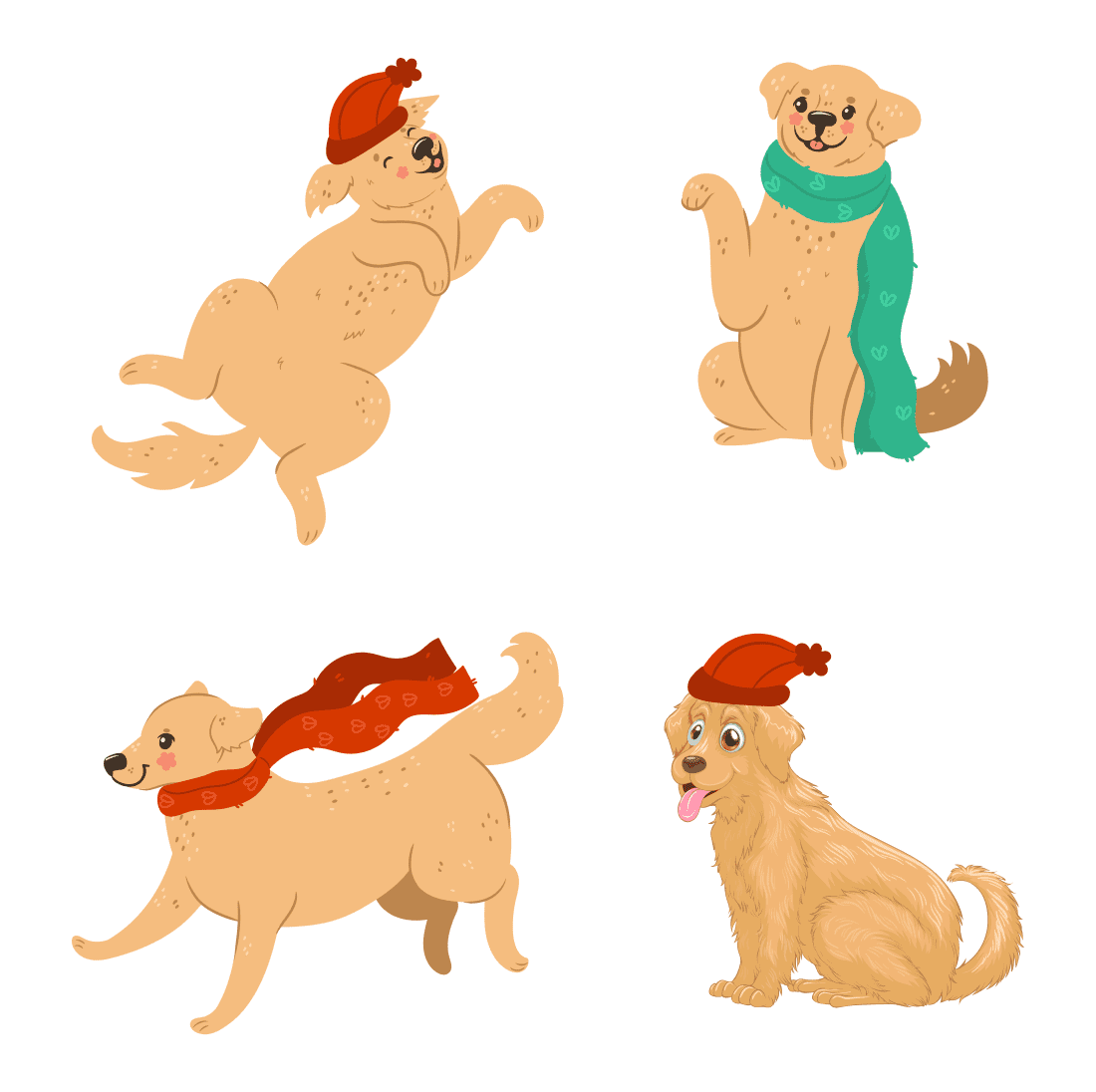 Set of four dogs with hats and scarves.