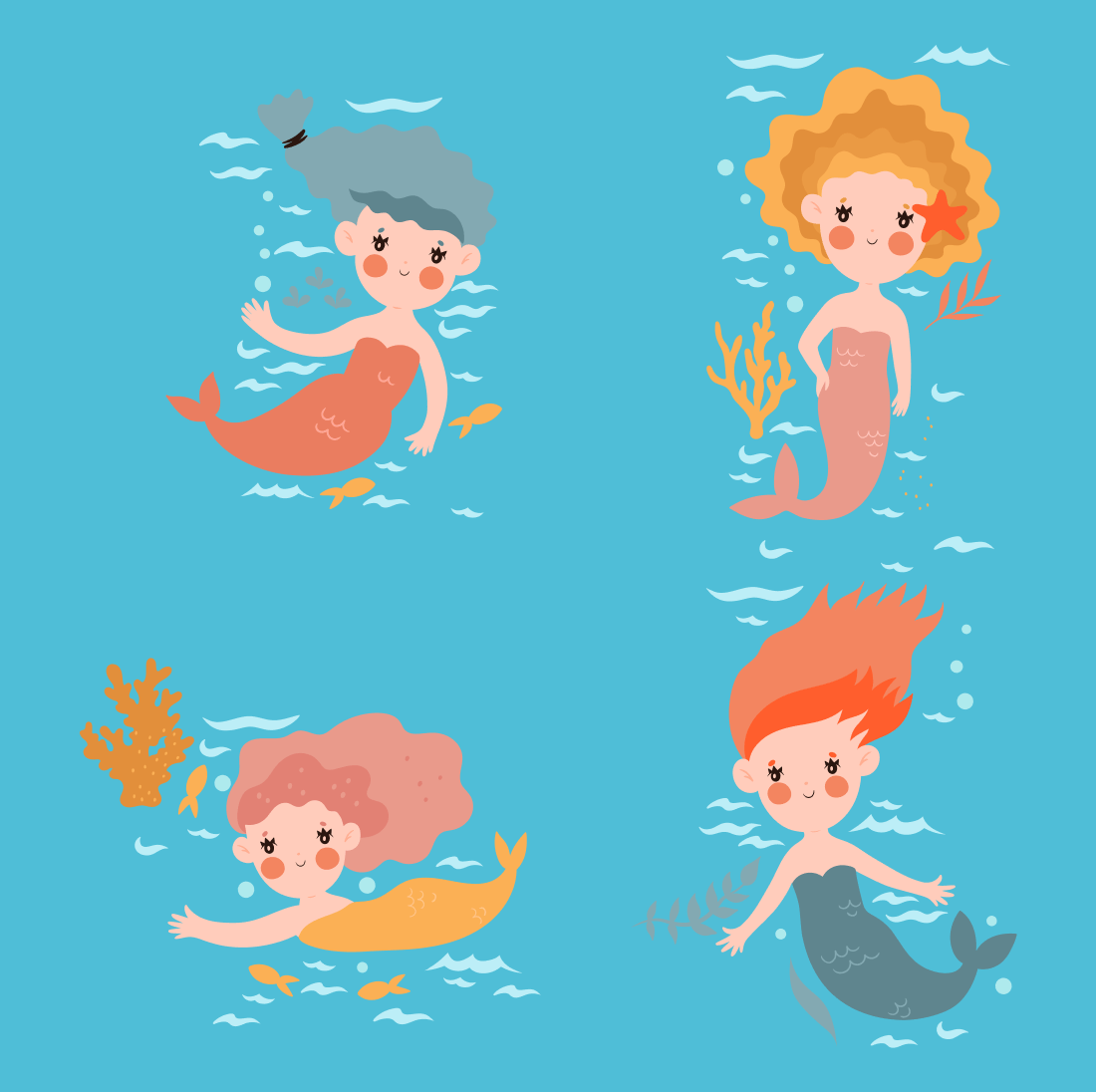 Cartoon mermaids with curly hair and beautiful hairstyles.