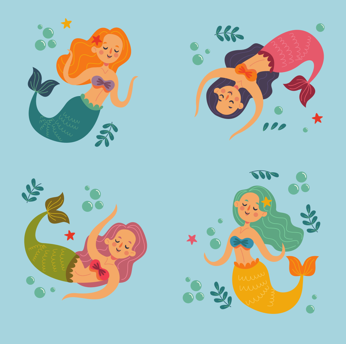 Cartoon mermaids swim among seaweed.