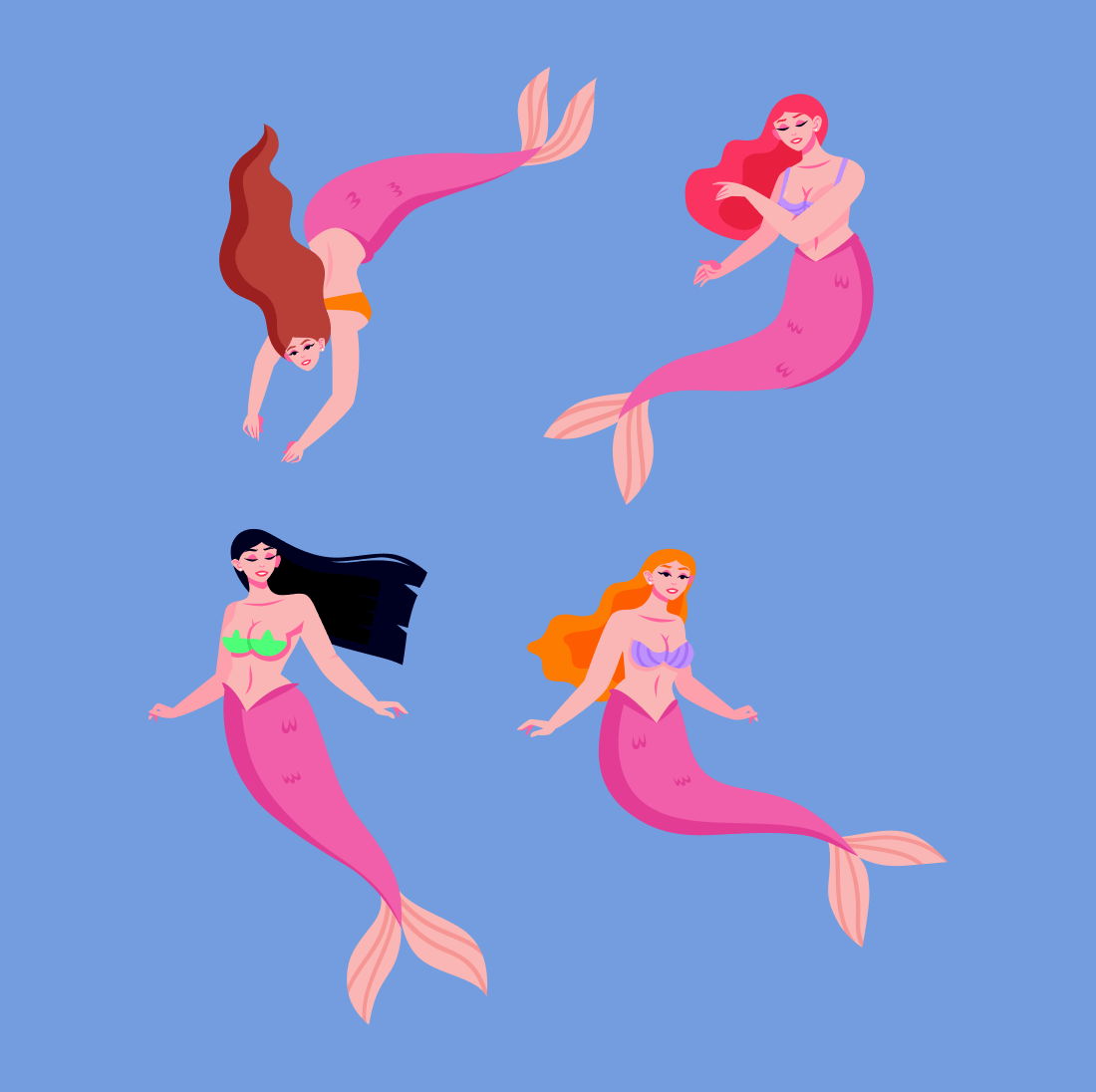 Mermaids with long hair and pink tails play with each other.