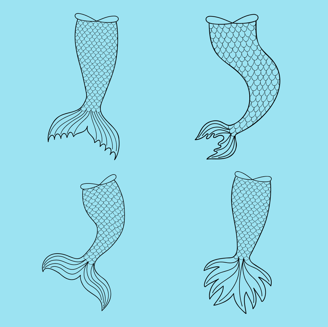 Different types of mermaid tail contours with painted scales on a blue background.