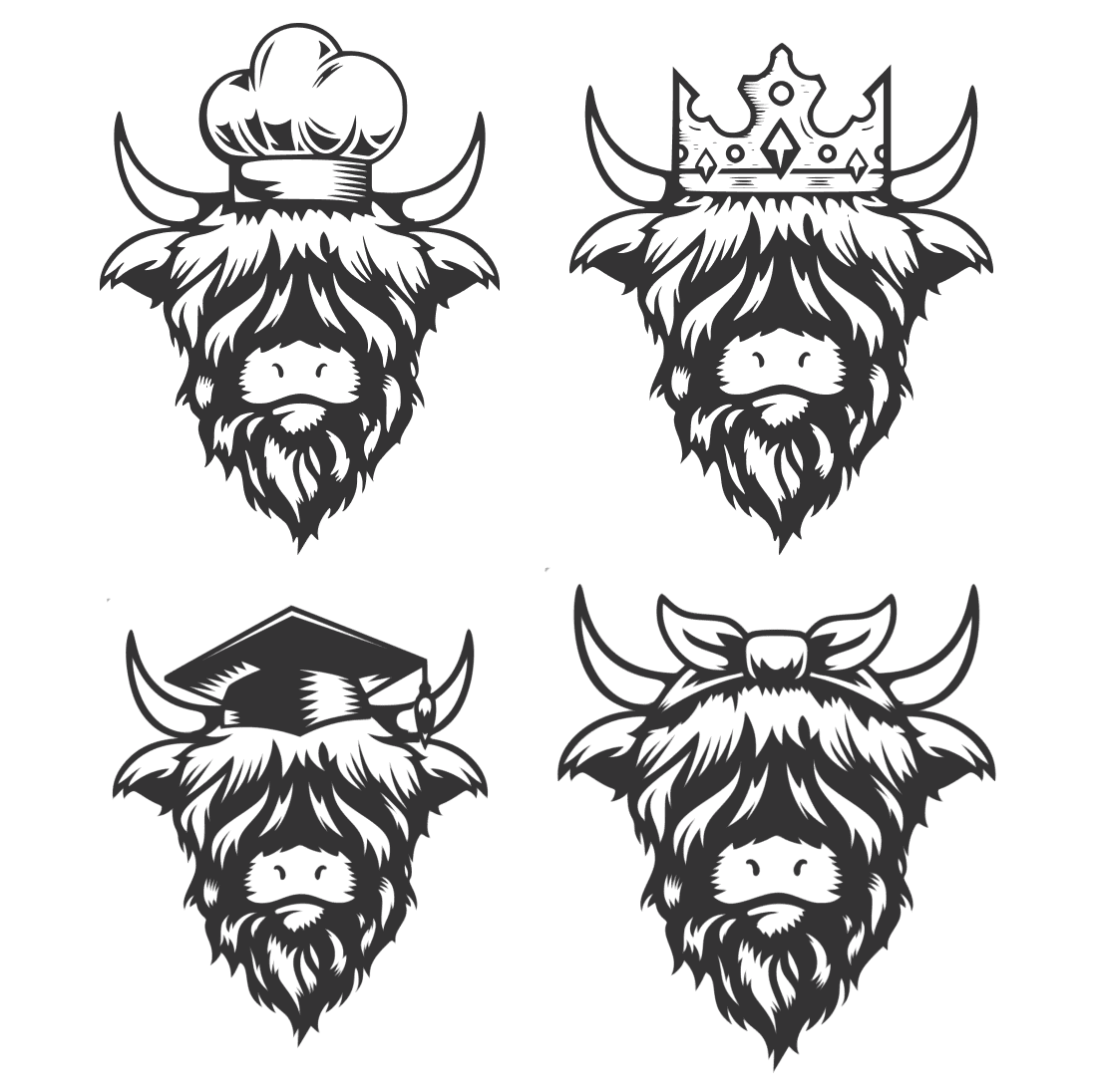 Set of four black and white buffalo heads with crowns.