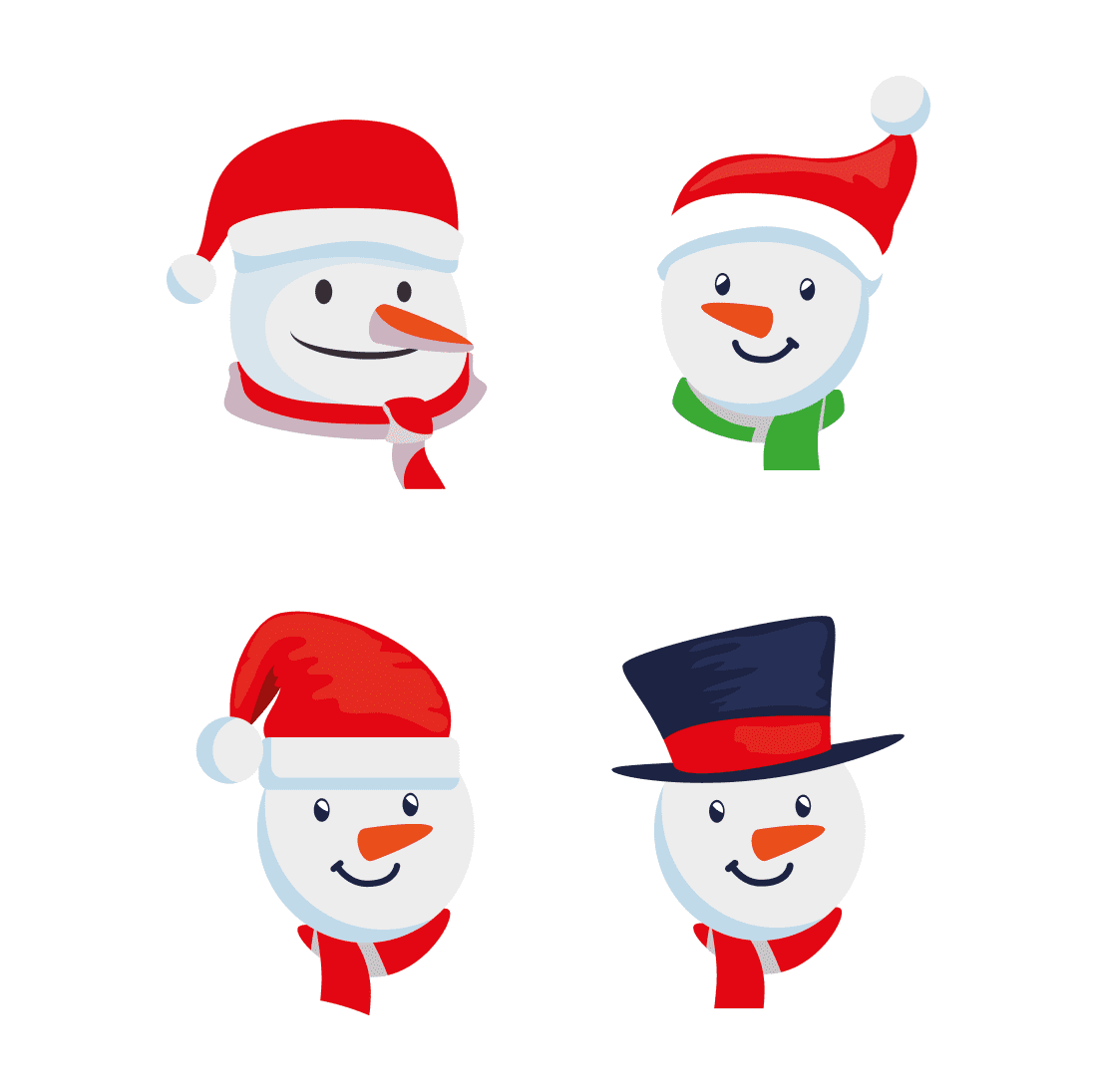 Images of happy faces of snowmen with red long noses.