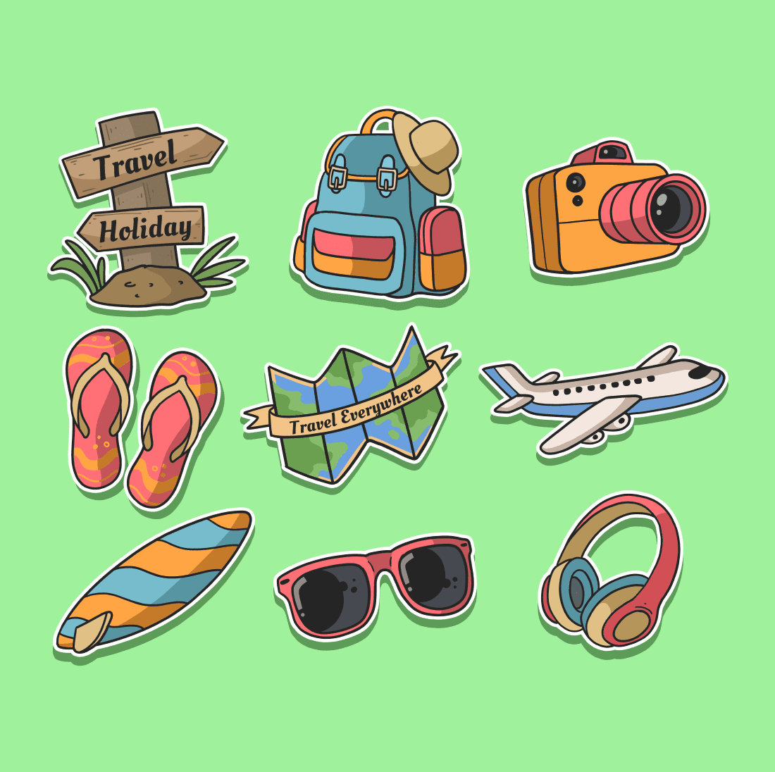 Nine travel items.