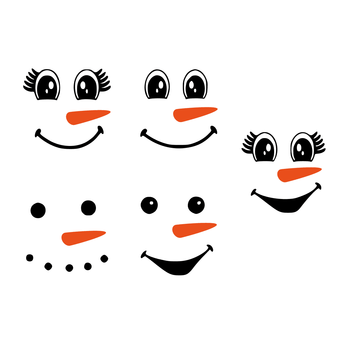 Images of snowman faces with big eyes, coal mouths and carrot noses.