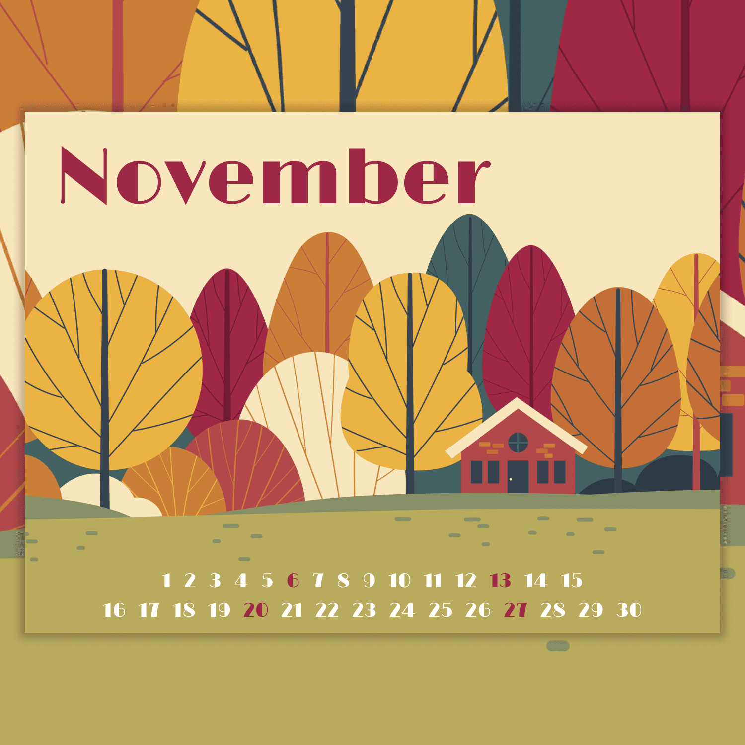 Free calendar for November on the background of the autumn forest.