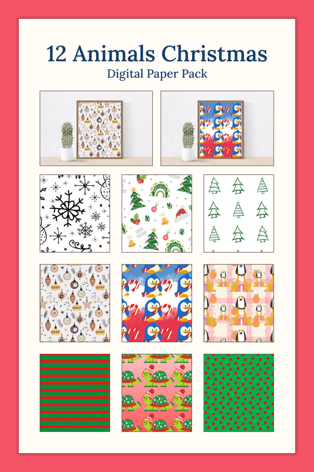 Christmas snowflakes, Christmas trees, penguins and New Year's toys are drawn on 12 patterns.
